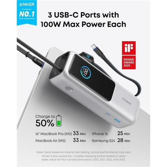 Laptop power bank 25000mAh portable charger 100W USB C fast charging cable - Picture 2 of 7